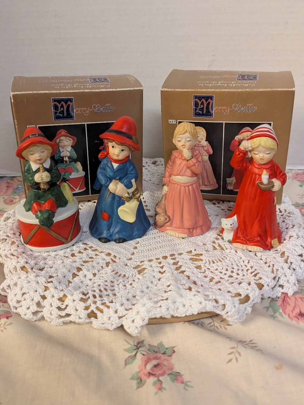 Vintage Christmas Decorations Merry Bells Figures Lot Of 4 In Original Boxes